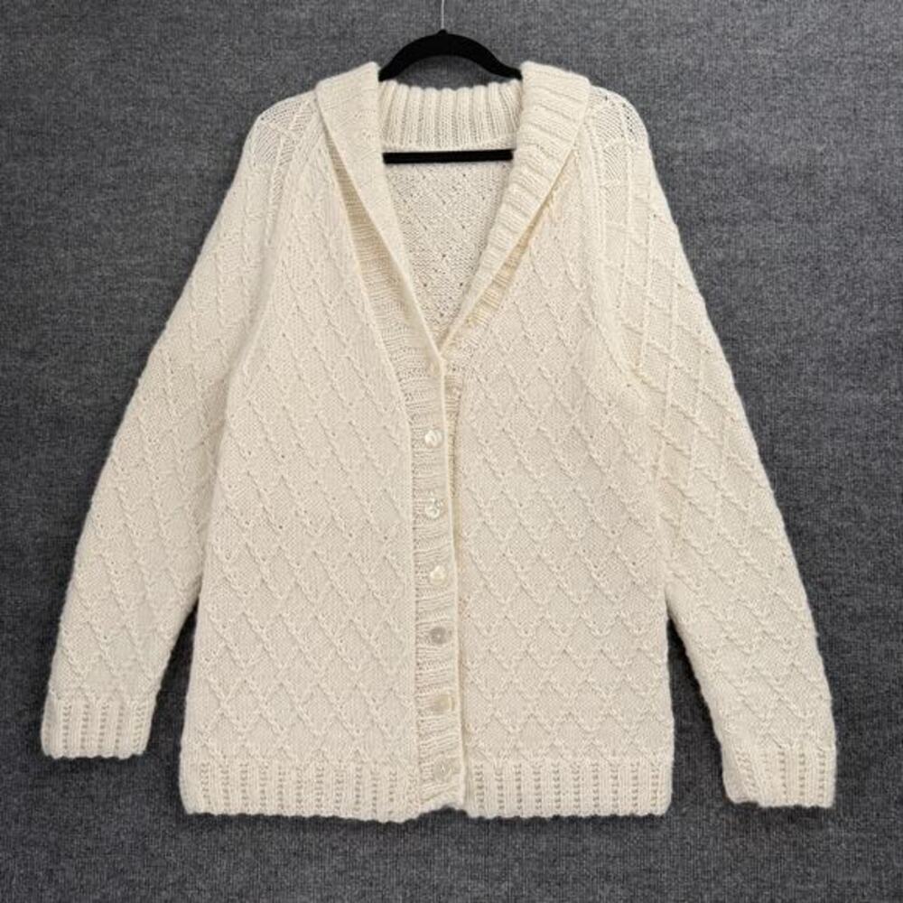 Hand Knit Sweater Womens Large Off White Shawl Collar Chunky Fisherman Soft Cozy